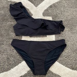 Vineyard Vines One Shoulder Seersucker Ruffle Bikini